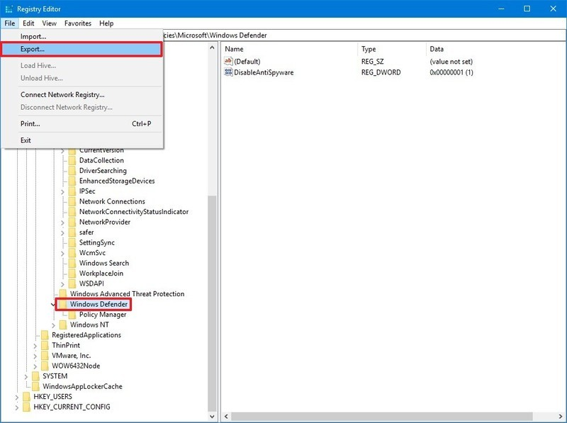 Registry Editor window