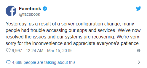 Facebook outage press release March 2019