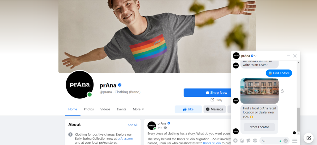 prAna Facebook account with a chatbot